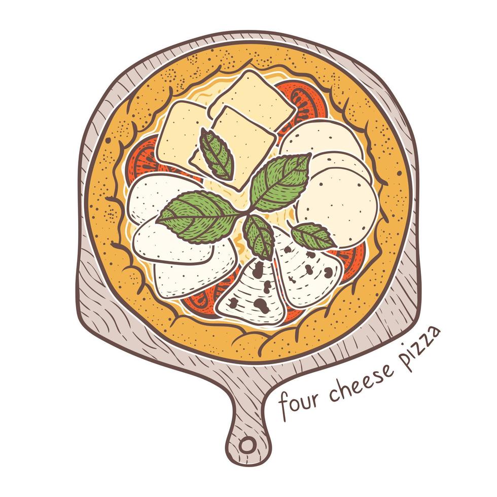 Four Cheese Pizza with ricotta and mozzarella and parmesan and gorgonzola, sketching illustration vector