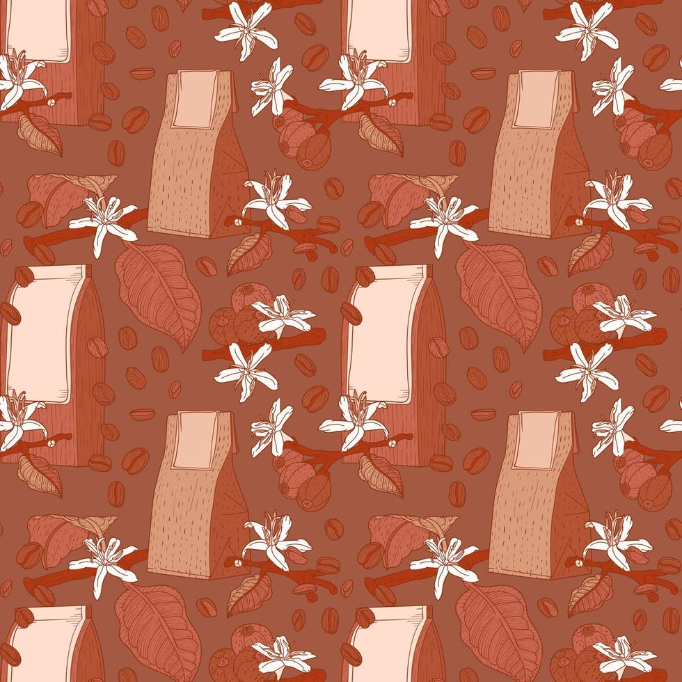 Dark brown seamless pattern with coffe flowers, bean and packs vector