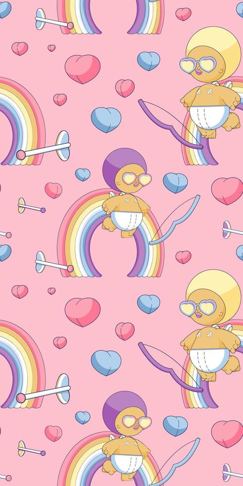 Valentine Day seamless pattern with cartoon trend. Flying Cupids and hearts vector