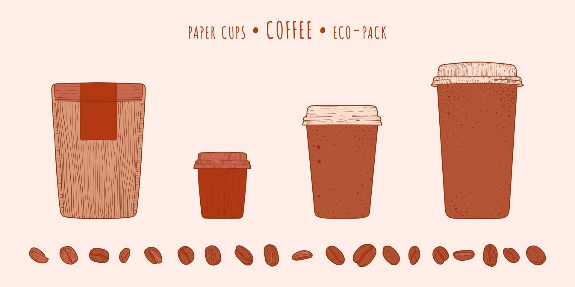 Espresso and americano and latte paper cups and pack and coffee beans in the hand-drawn technique vector