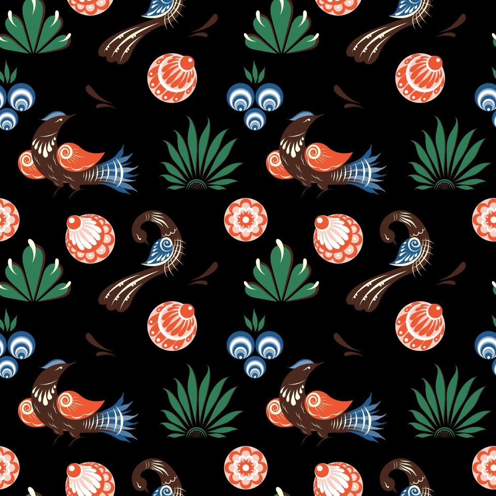 Russian folk dark seamless pattern with birds and roses vector