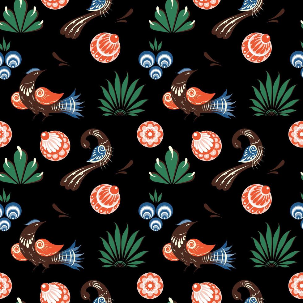 Russian folk dark seamless pattern with birds and roses vector