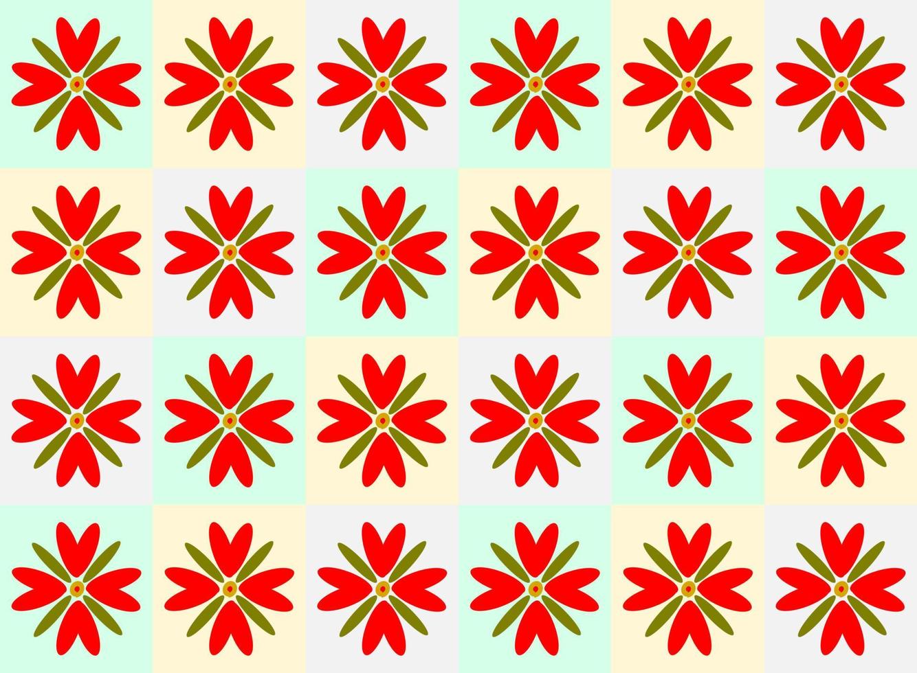 Red flowers with green leaves on light color background. Vector design. Seamless pattern. For paper, cloth, fabric, cloth, table cloth, napkin, cover, bed, curtain, printing, gift, present or wrap.