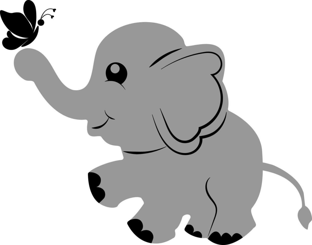 Black and gray cute simple elephant with a butterfly silhouette. vector