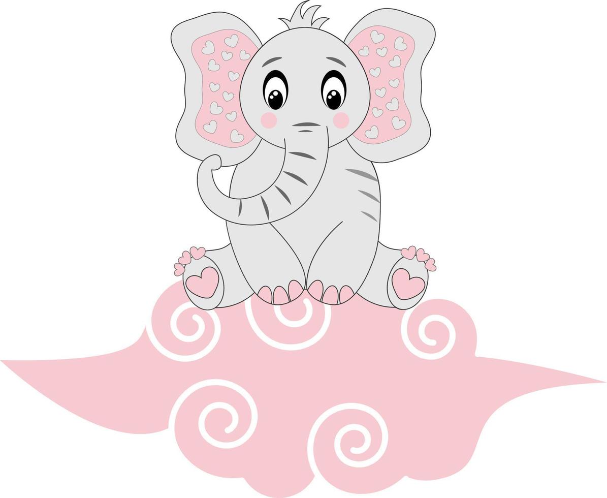 Cute Cartoon Elephant On A Pink Cloud. Isolated Kawaii Baby Elephant Vector Drawing.