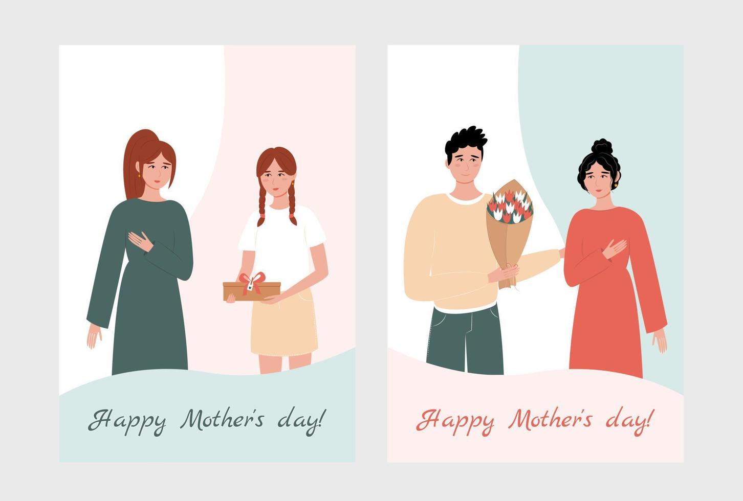 concepto actual del día de la madre. dos tarjetas de felicitación para el día de la madre. hija con regalo e hijo con ramo de tulipanes felicitan a las madres. linda ilustración vectorial en estilo plano. vector