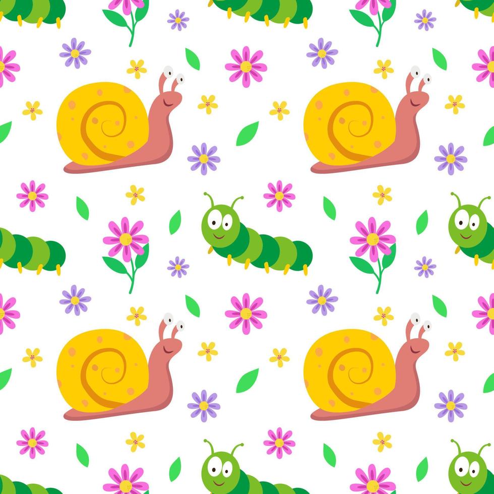 Seamless pattern with snail,caterpillar and flowers. Repeating vector pattern with insects.An idea for holiday invitations,children's creativity,for paper,fabric, textiles, gift wrapping, advertising.