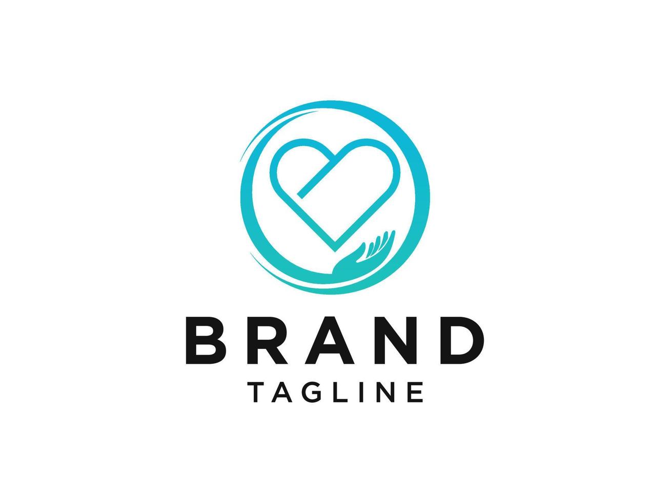 Abstract Health Care Logo. Blue Gradient Circle Shape with Negative Space Heart Icon and Two Hands Symbol inside. Flat Vector Logo Design Template Element.