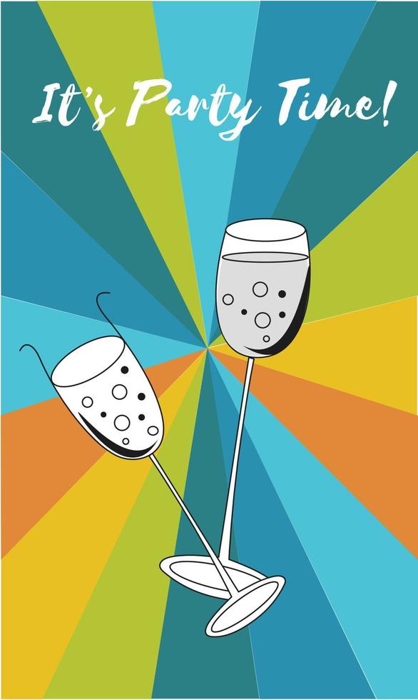 It's party time. Champagne, cocktail glass on invitation background. Vector Illustration.