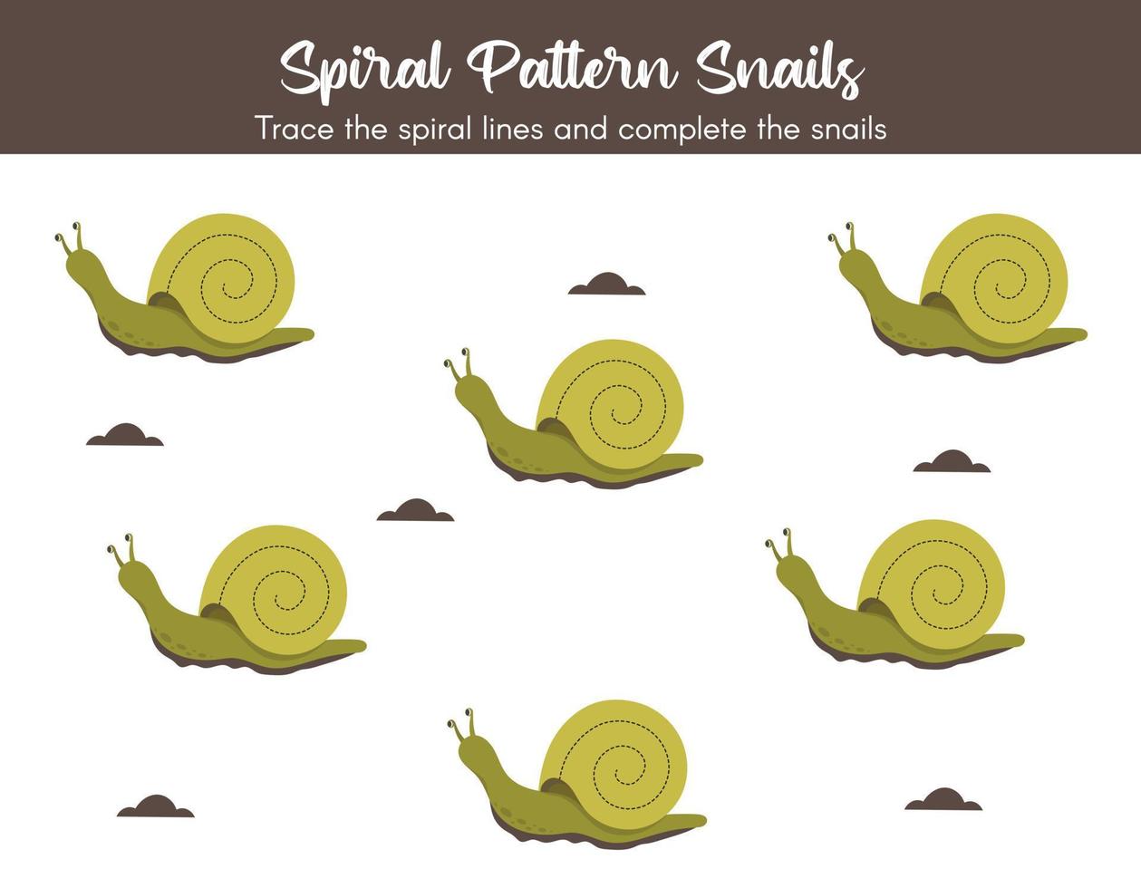 Preschool worksheet for practicing fine motor skills - tracing dashed spiral lines. Snails cartoon vector Illustration for kids.