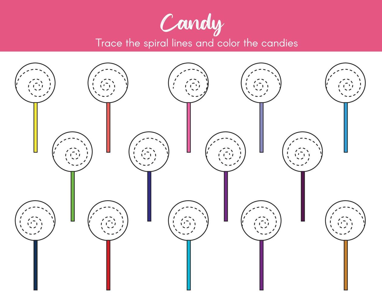 Preschool worksheet for early years learners for practicing fine motor and writing skills. Trace the spiral lines and color the candies. Handwriting training practice sheet for kindergarten children. vector