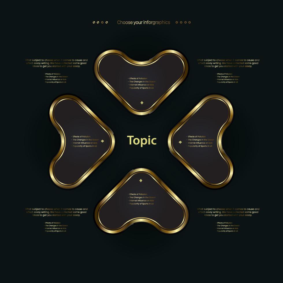 A group of golden arrows shape button design, objects, elements on dark background. uesd for step and work flow. vector and illustration