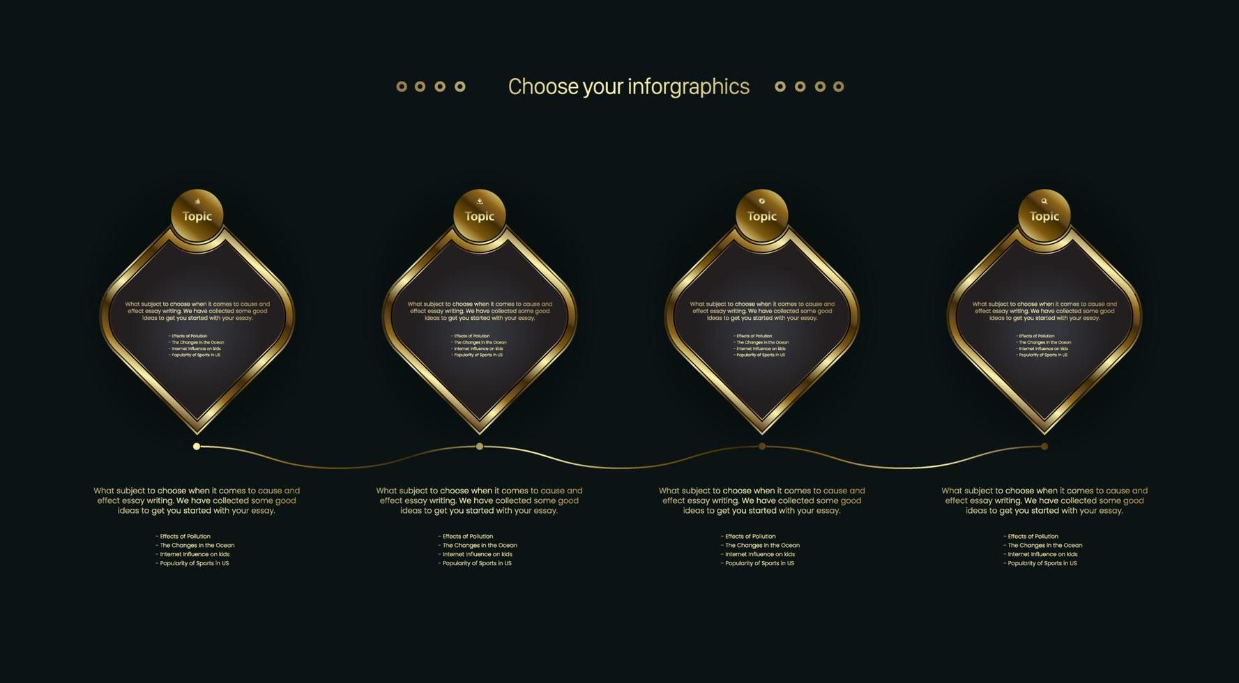 The golden Business buttons charts with Four Timeline Process Chart Infographics design on dark background Template. vector, illustration vector