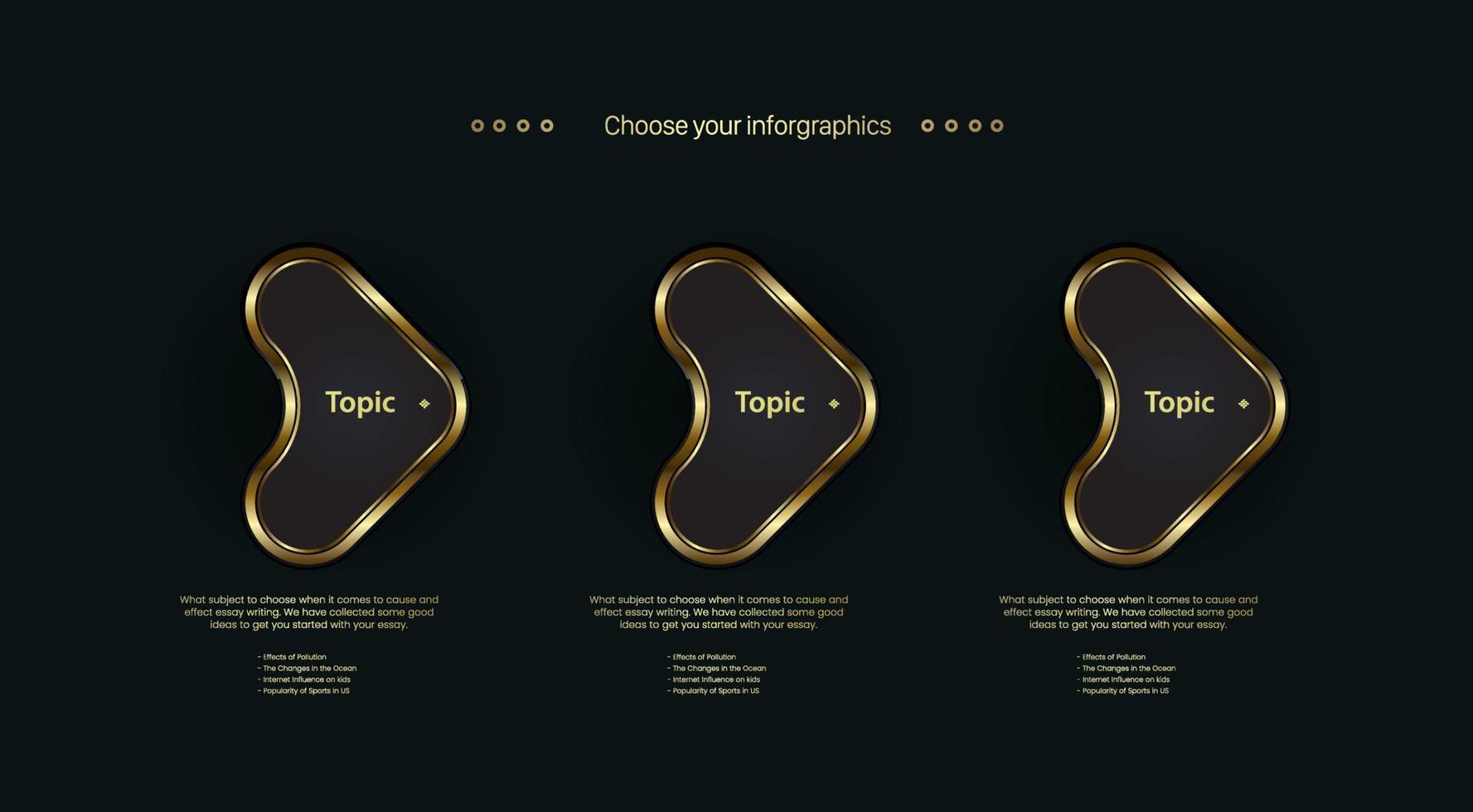 Three arrows golden shapes option design, objects, elements on dark background. 3 premuim banners or web buttons uesd for steps and work flow. vector golden steps vector