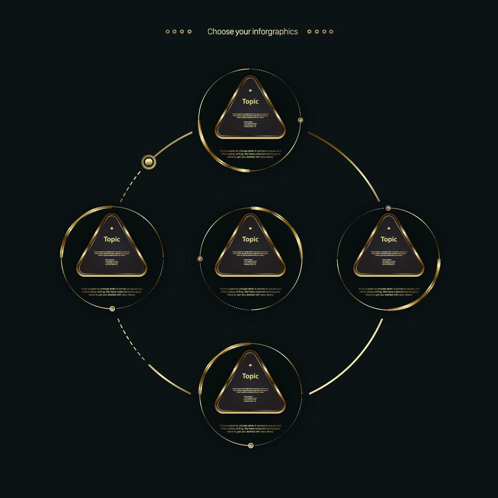 un conjunto de los mejores elementos de botones de rectángulos dorados circulan sobre fondo oscuro. conjunto de pasos u opciones premium para el diseño de botones web, diseño de vectores de flujo de trabajo