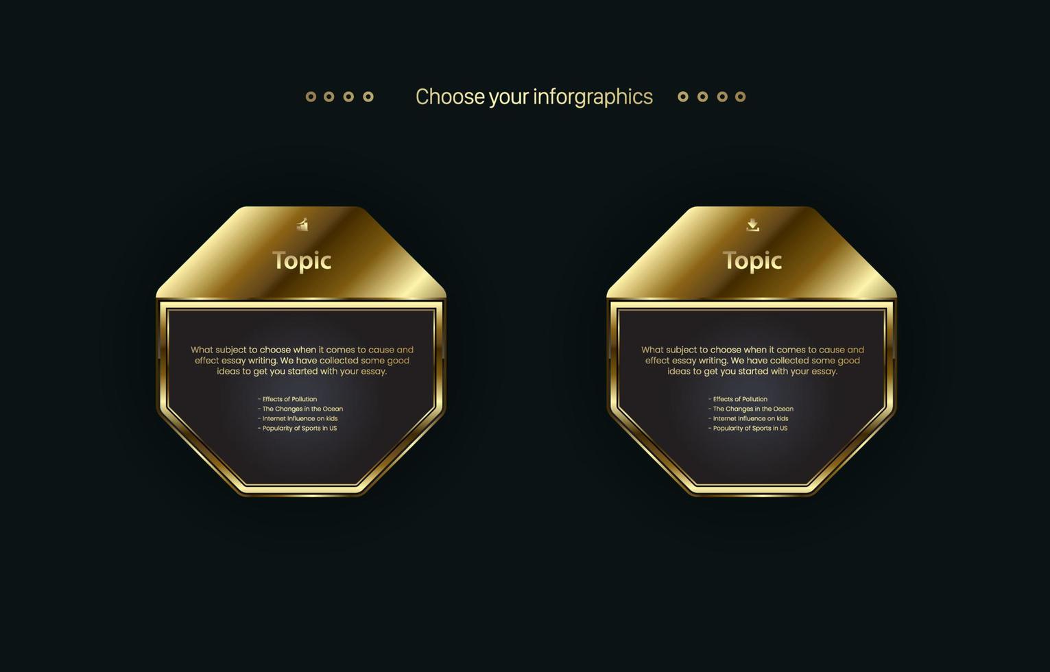 Two polygon shape buttons design in golden color on dark back ground, the 2 premium options chart for levels and workflow template, the dark golden buttons on black background design vector