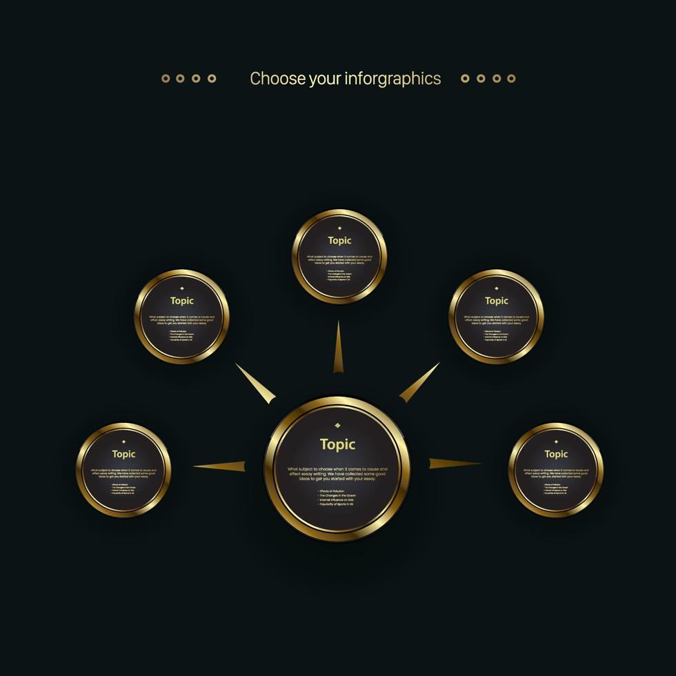 Set of circles golden infographic option design, objects, elements on dark background. used in level charts and work flow vector