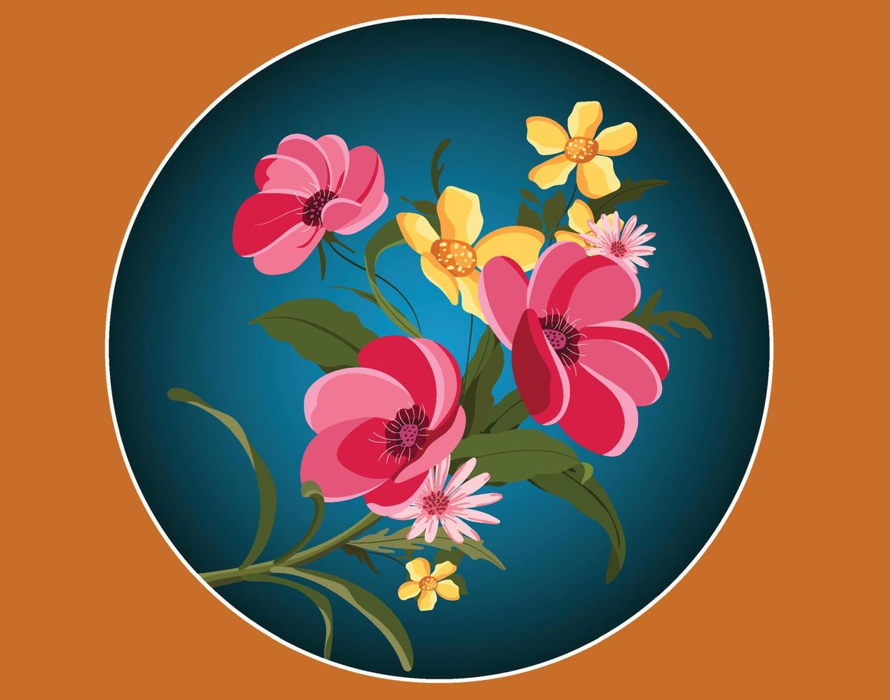 flowers painting colorful classical blooming sketch in circle vector