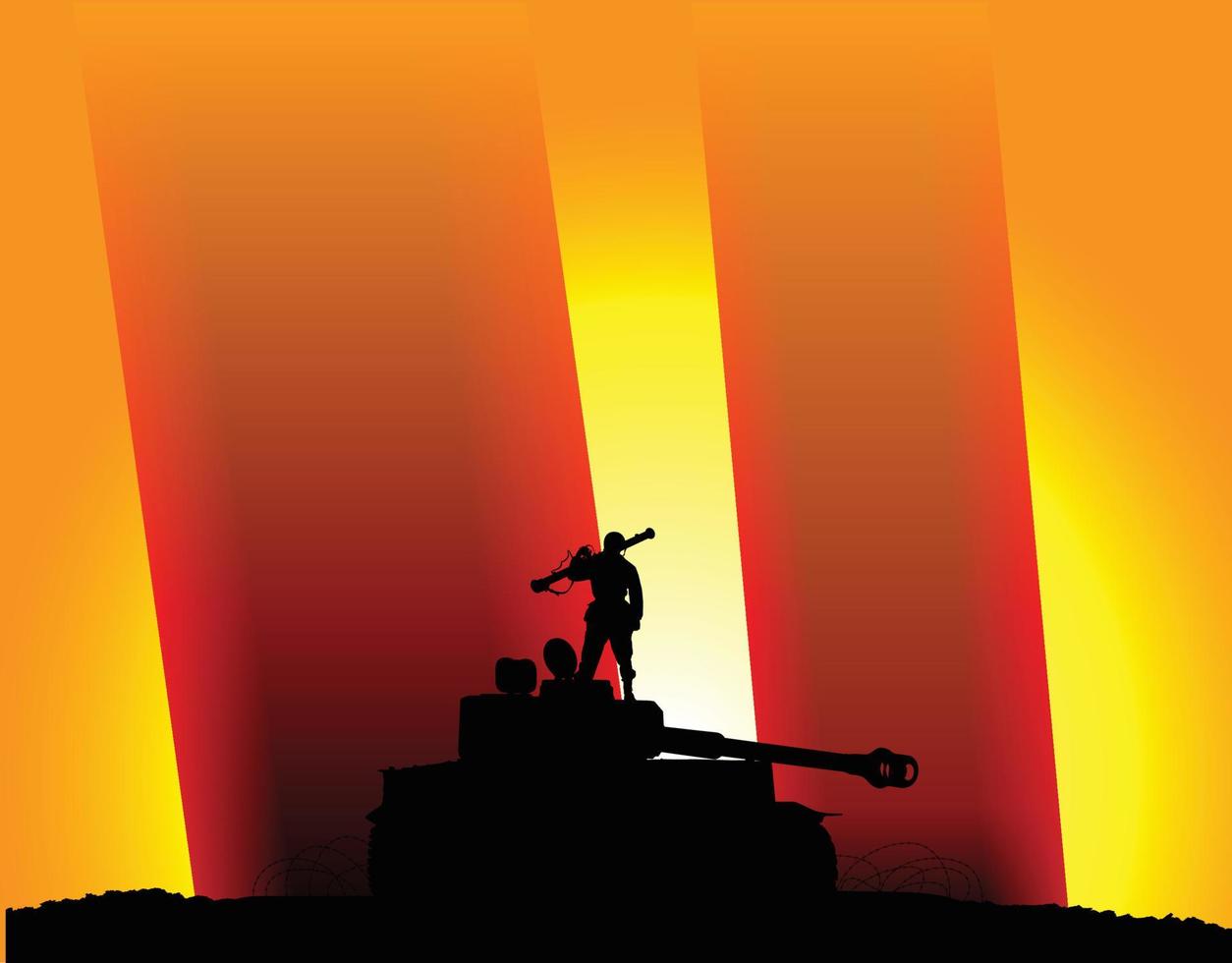 the silhouette of Soldier with a gun standing on a tank vector