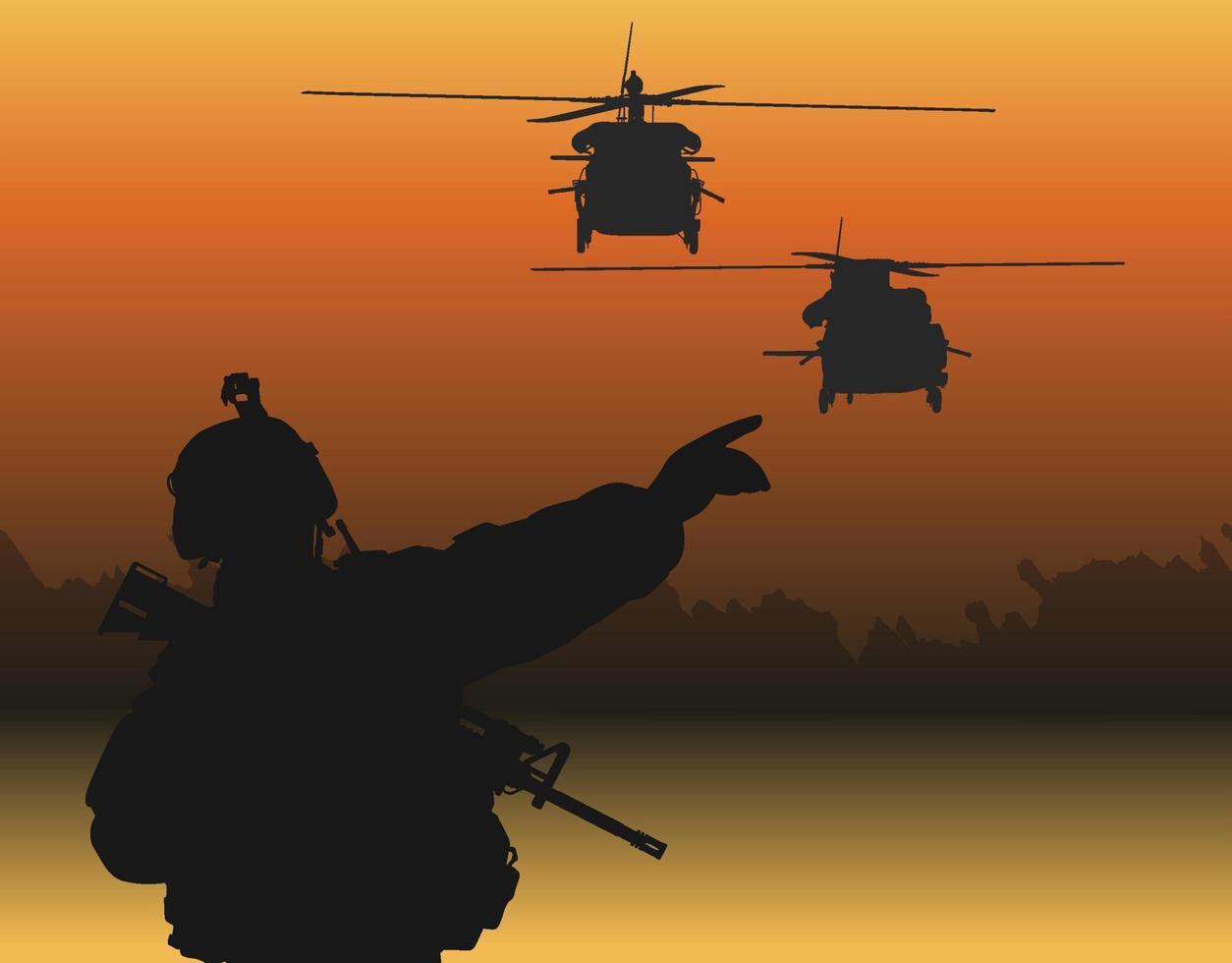 The silhouettes of 2 helicopters flying with the soldiers vector