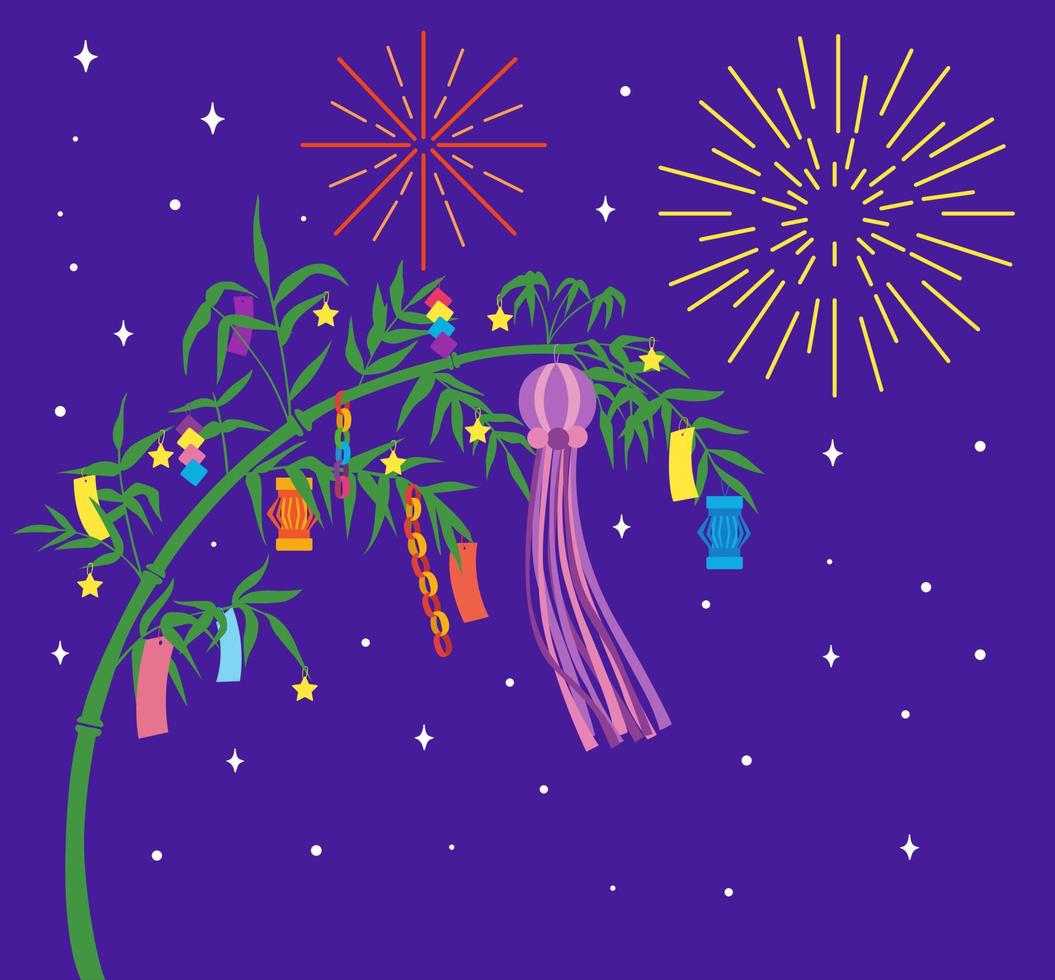 ilustración vectorial del festival de tanabata. árbol de bambú, decoración de tanabata y fuegos artificiales en el cielo estrellado de la noche. vector