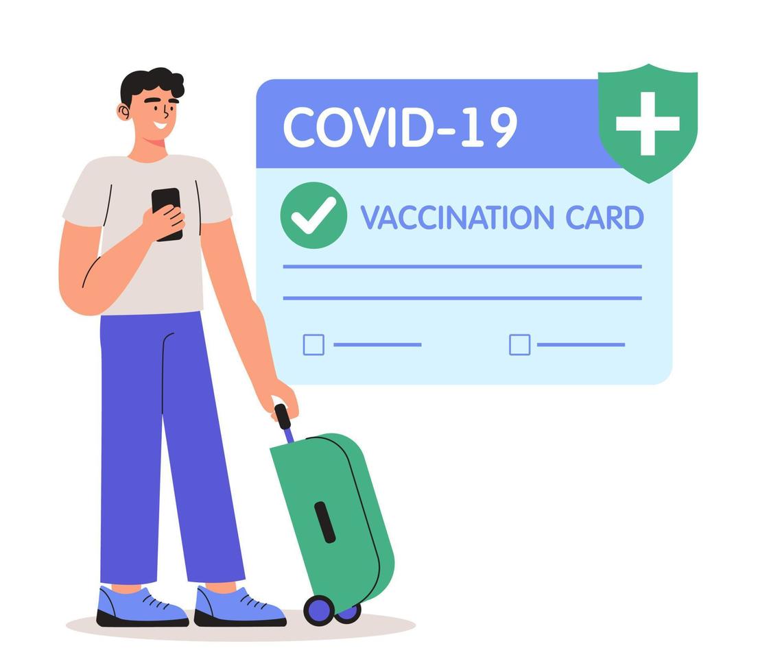 Vector illustration of a Man using a health passport of vaccination for covid-19. Safe travel in pandemic. Concept of vaccination certificate, coronavirus vaccine, covid-19 id card app.