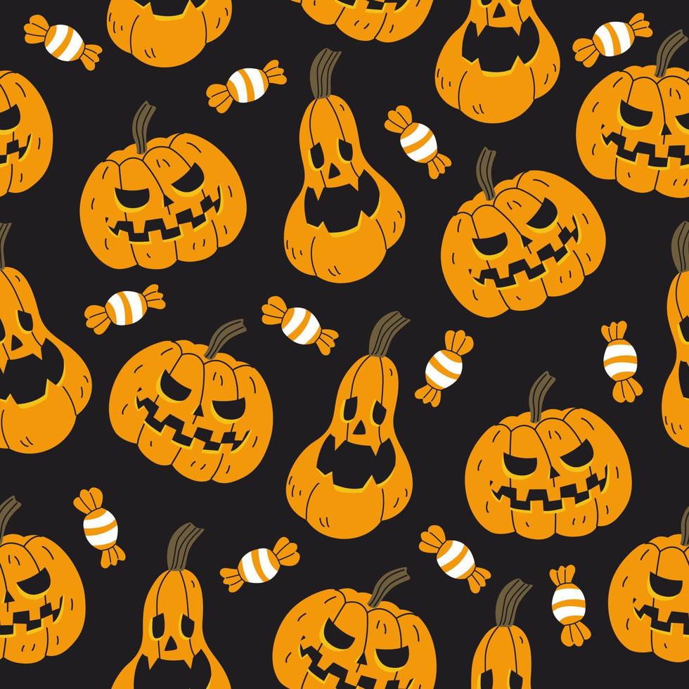 patrones sin fisuras de halloween. fondo interminable con calabazas y dulces. lindas calabazas en un simple estilo de dibujos animados dibujados a mano sobre un fondo negro. vector