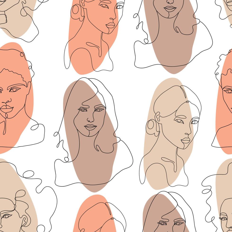 Modern abstract female portraits. Hand drawn outline trendy vector illustration. Continuous line, minimalistic concept. Vector seamless pattern.