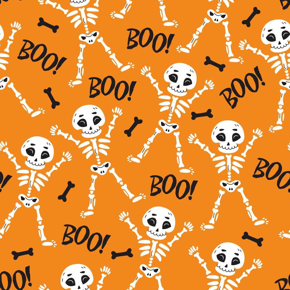 Halloween holiday seamless pattern background with hand-drawn elements-funny skeletons, bones and inscriptions on a bright orange background. Vector illustration.