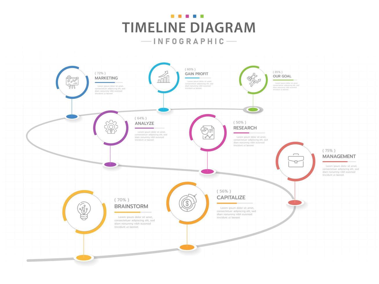 plantilla infográfica para negocios. Diagrama de línea de tiempo moderno de 8 pasos con círculos, infografía vectorial de presentación. vector