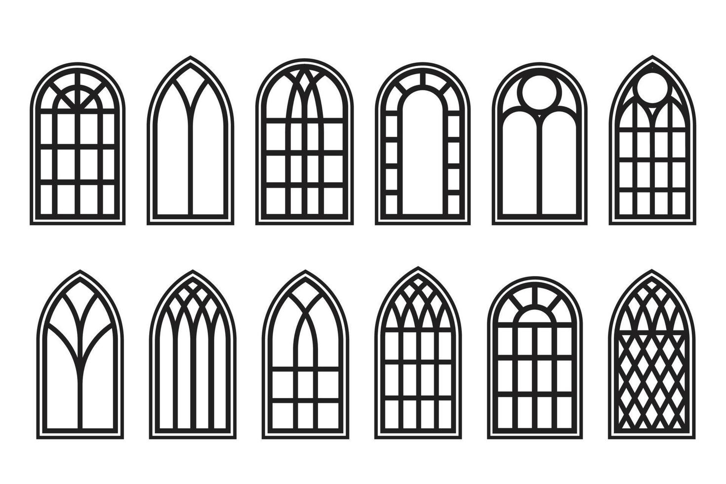 Gothic windows outline set. Silhouette of vintage stained glass church frames. Element of traditional european architecture. Vector illustration