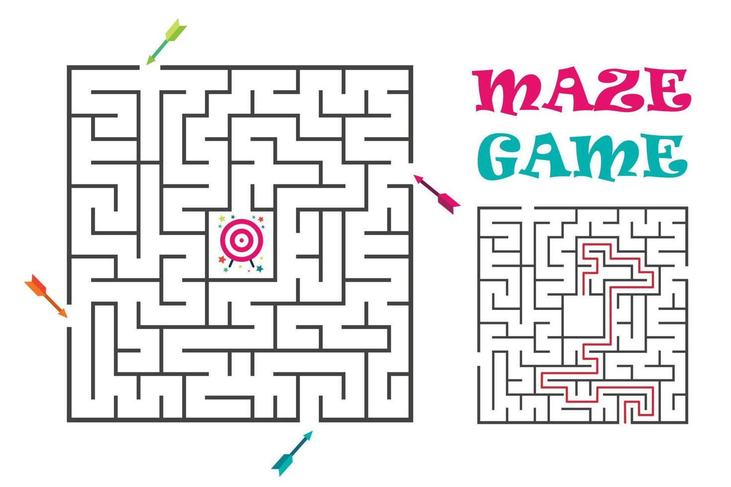 Square maze labyrinth game for kids. Logic conundrum with target and arrows. 4 entrance and one right way to go. Vector flat illustration isolated on white background.