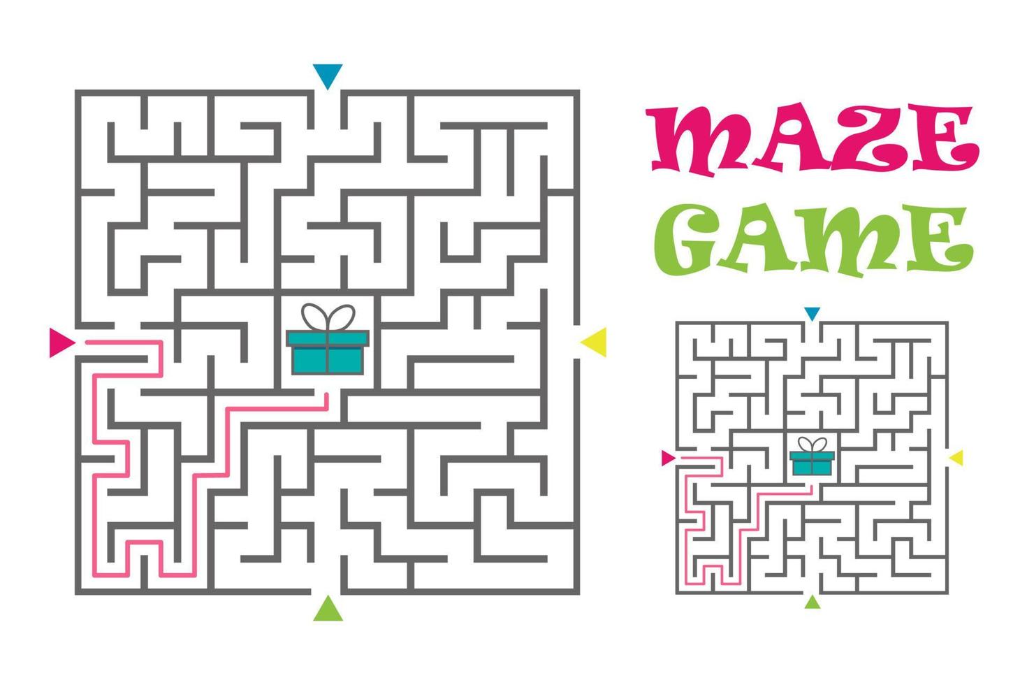 Square maze labyrinth game for kids. Logic conundrum. Four entrance and one right way to go. Vector flat illustration isolated on white background.