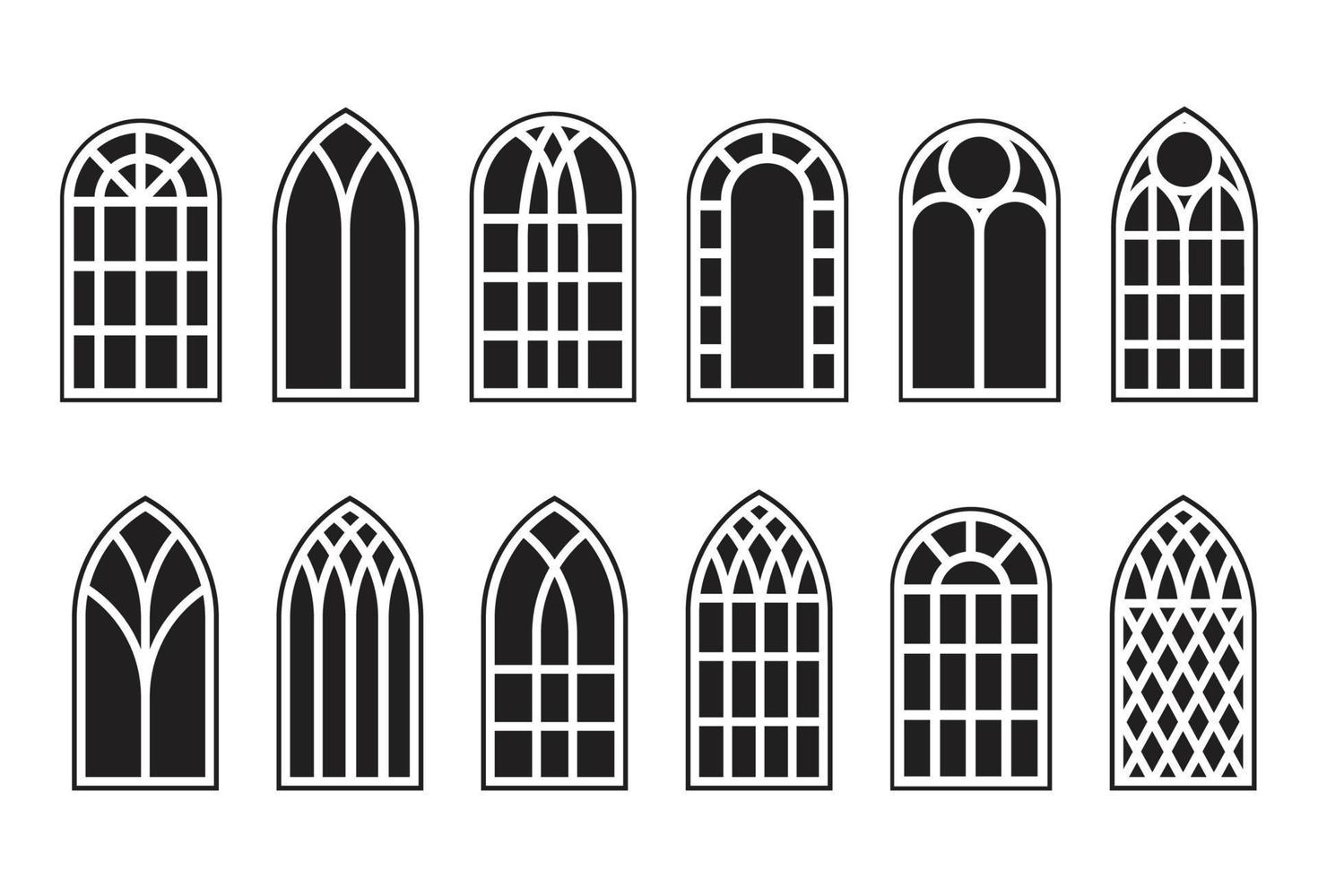 Conjunto de contorno de ventanas góticas. silueta de los marcos de la iglesia de vidrieras de época. elemento de la arquitectura tradicional europea. vector