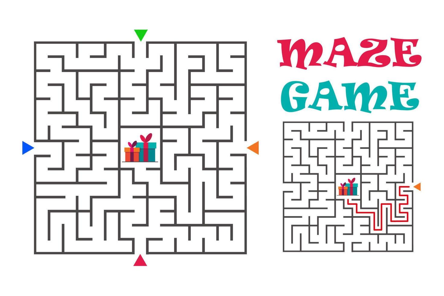 Square maze labyrinth game for kids. Labyrinth logic conundrum. Four entrance and one right way to go. Vector flat illustration