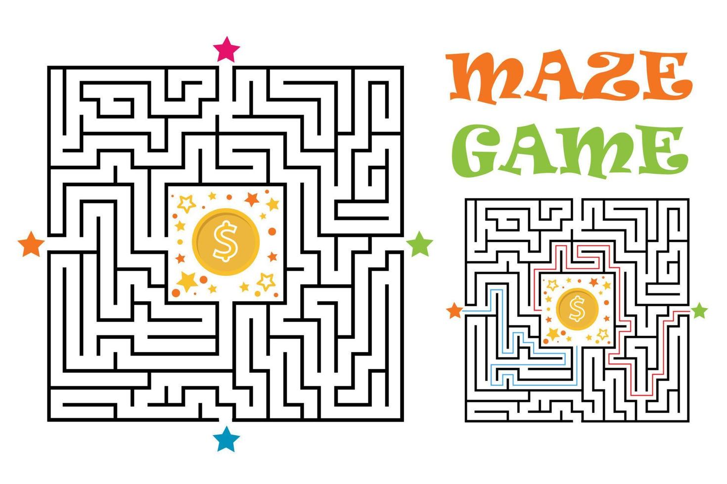 Square maze labyrinth game for kids. Labyrinth logic conundrum with golden coin. Four entrance and one right way to go. Vector flat illustration