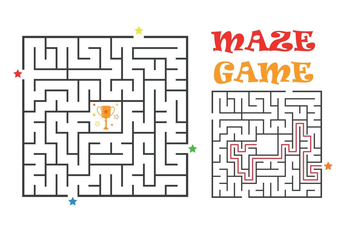 Square maze labyrinth game for kids. Labyrinth logic conundrum with winner cup. Four entrance and two right ways to go. Vector flat illustration