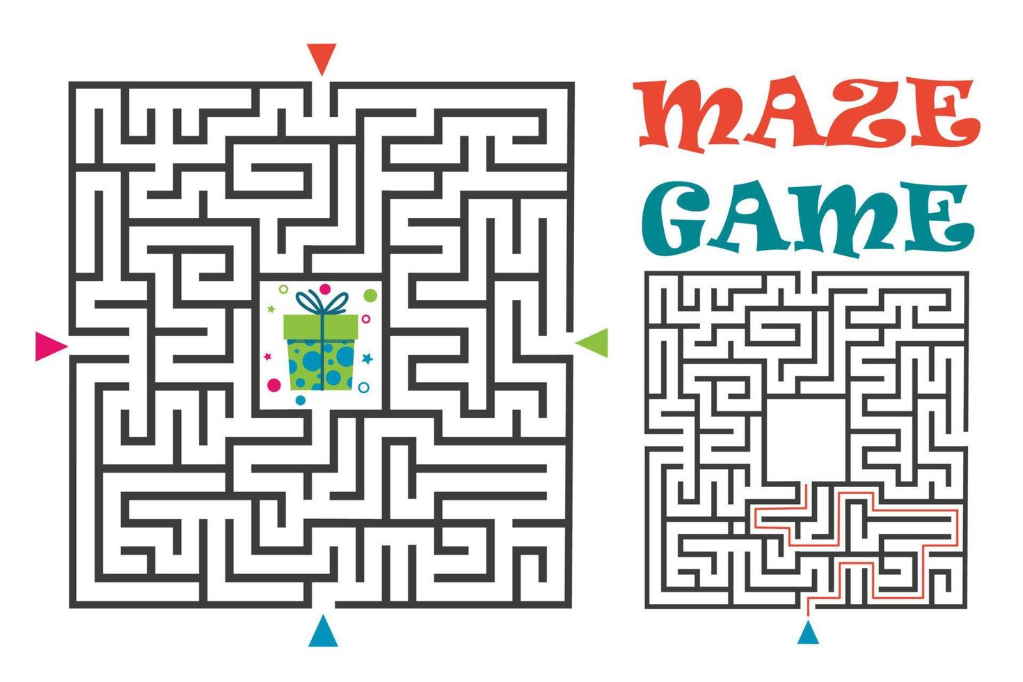 Square maze labyrinth game for kids. Labyrinth logic conundrum. Four entrance and one right way to go. Vector flat illustration