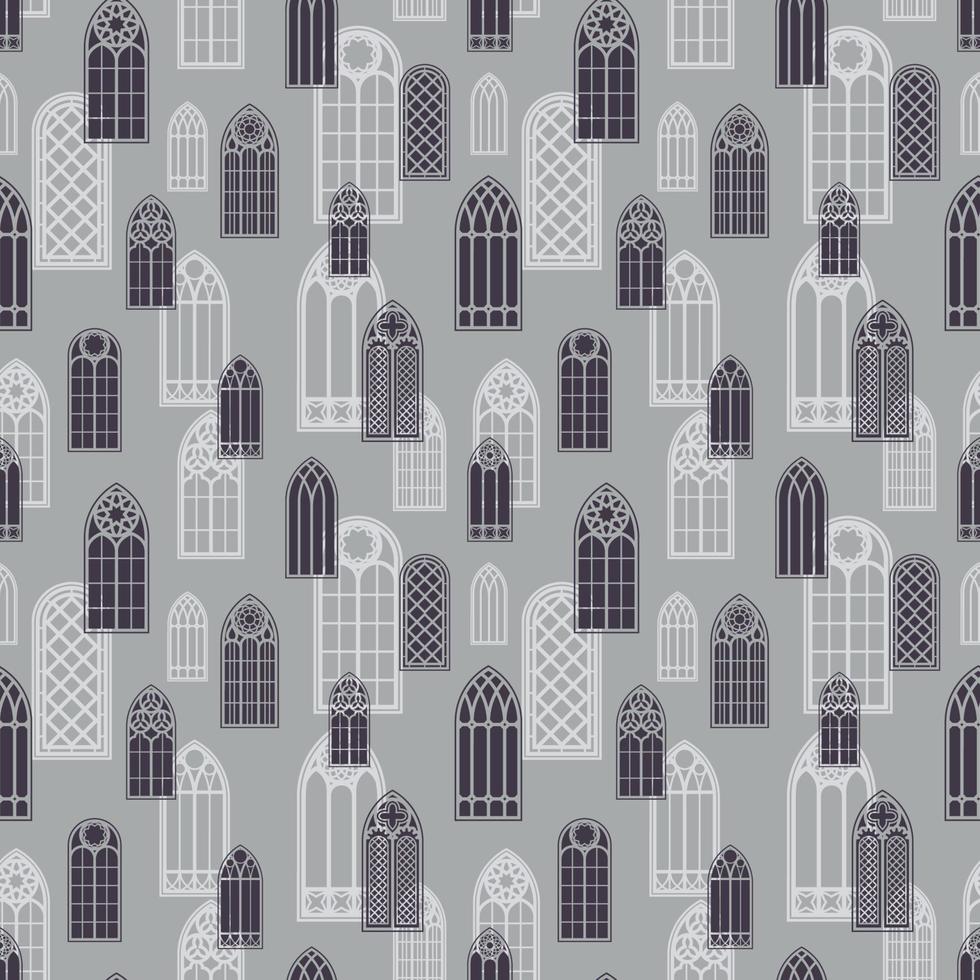 Gothic windows seamless pattern. Silhouette of vintage stained glass church frames. Vector