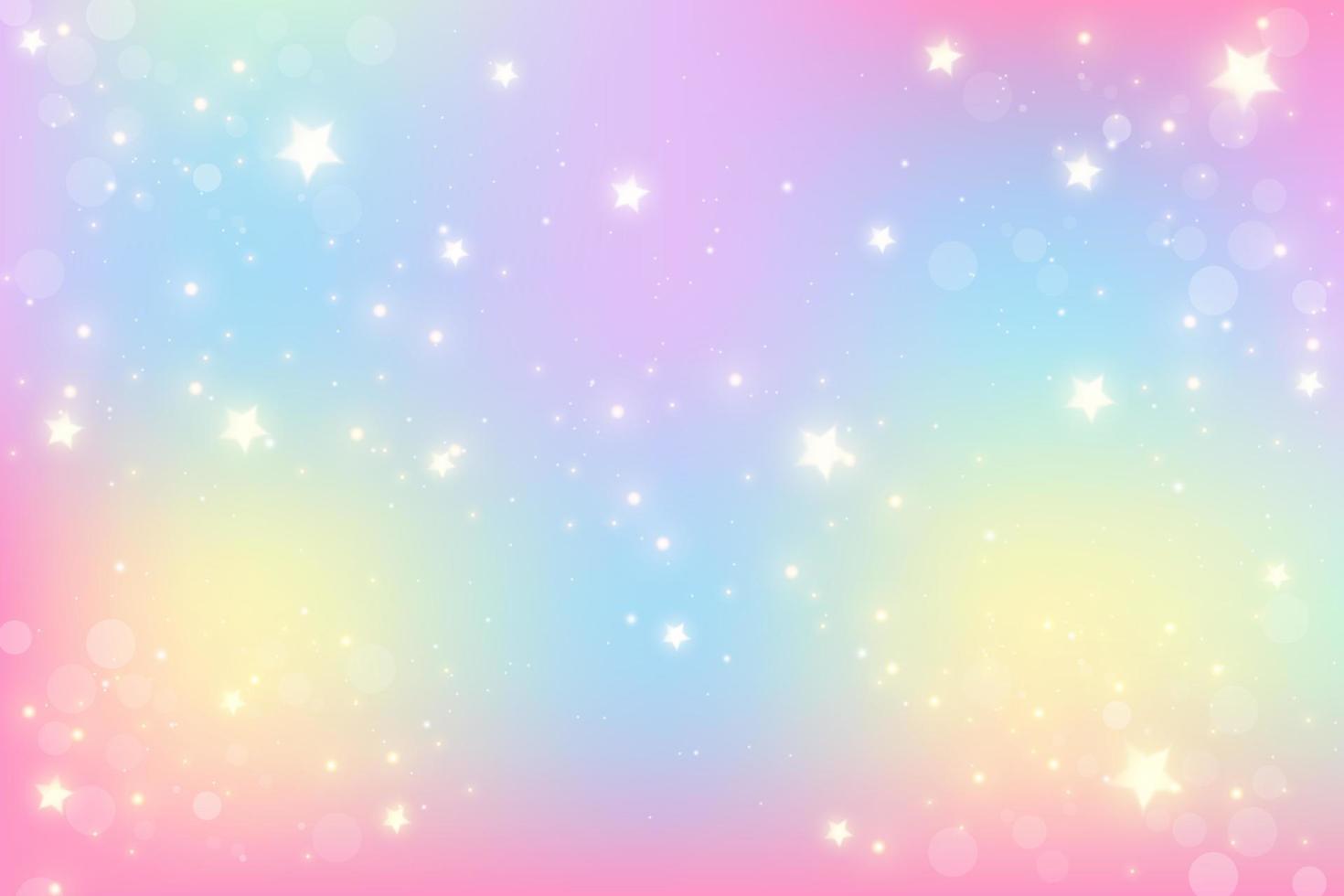 Rainbow fantasy unicorn background. Holographic illustration in pastel colors. Cute cartoon girly background. Bright multicolored sky with stars. Vector. vector