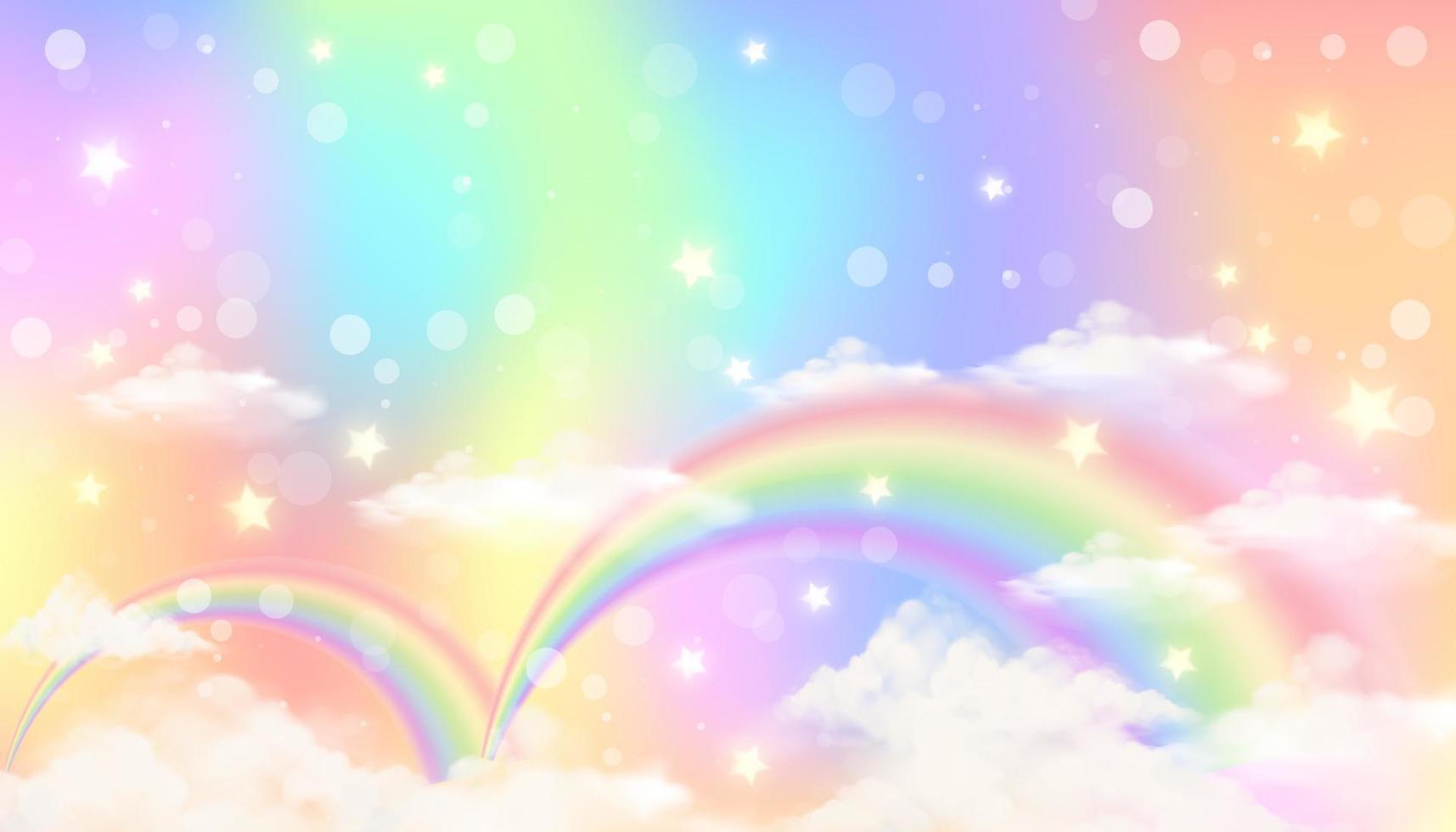 Holographic fantasy rainbow unicorn background with clouds. Pastel color sky. Magical landscape, abstract fabulous pattern. Cute candy wallpaper. Vector