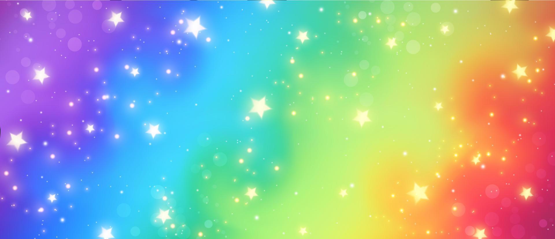 Rainbow fantasy background. Holographic illustration in pastel colors. Cute cartoon girly background. Bright multicolored sky with stars and bokeh. Vector illustration