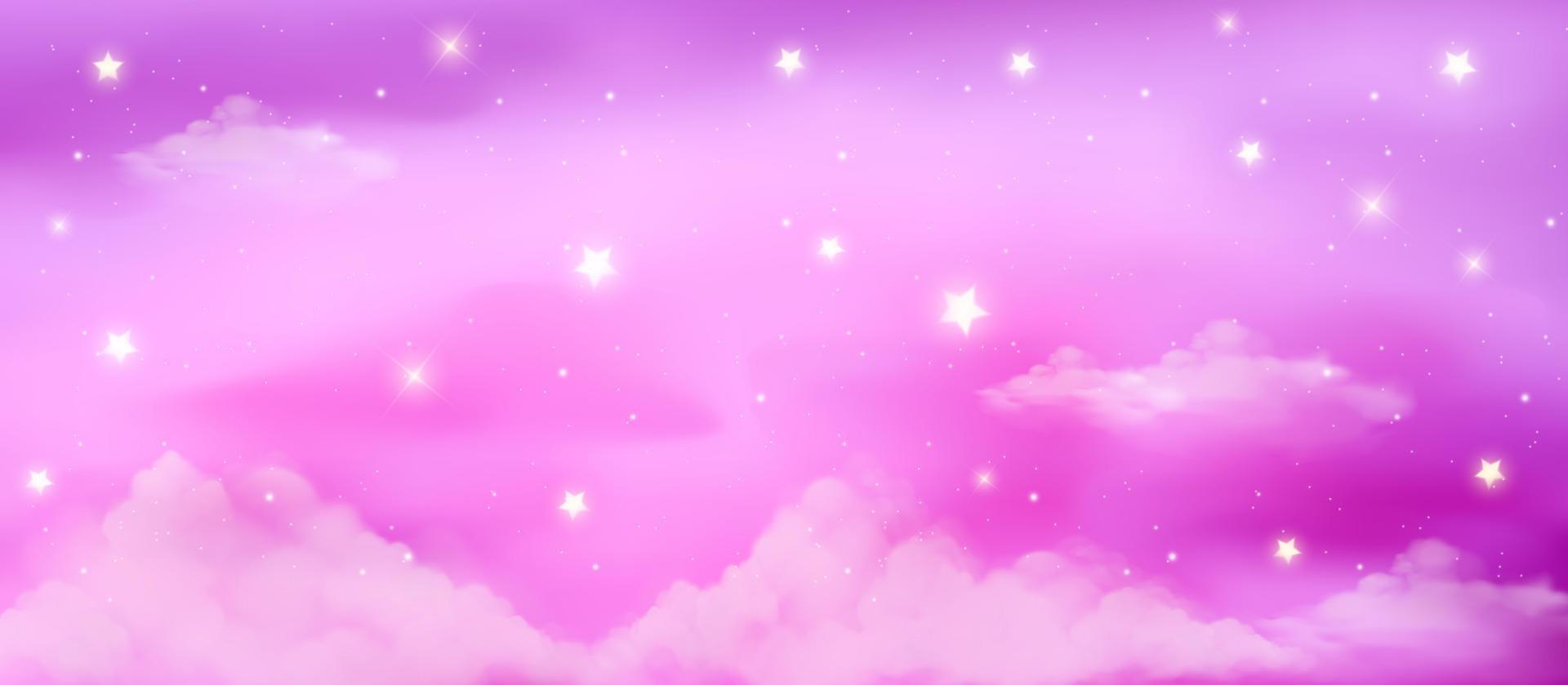 cielo rosa con nubes y estrellas. Magik lindo fondo femenino. telón de fondo de azúcar dulce. papel tapiz vectorial. vector