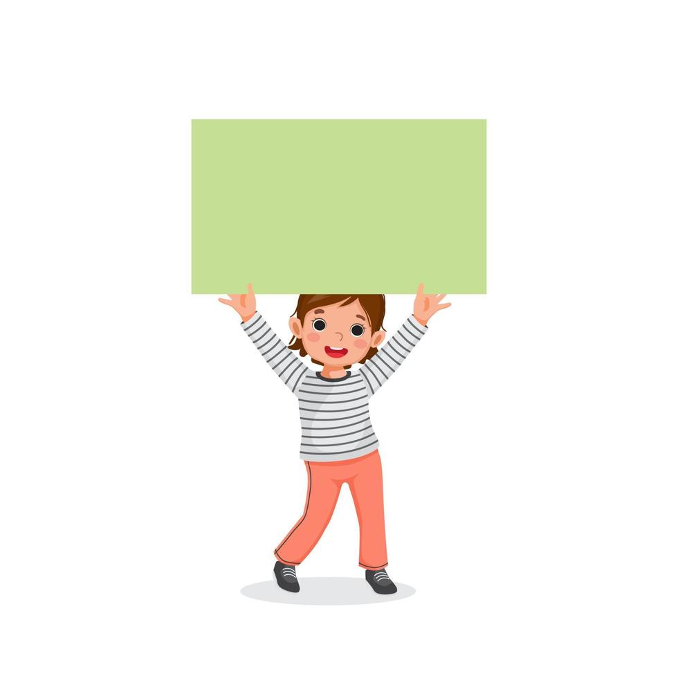 Happy little girl holding up blank poster or banner with copy space for text, messages, and ads vector