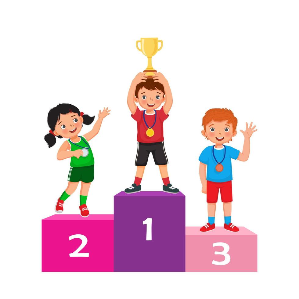 Children with medals holding gold cup trophy standing on winners podium or pedestal with first, second and third place prize celebrating winning competition vector