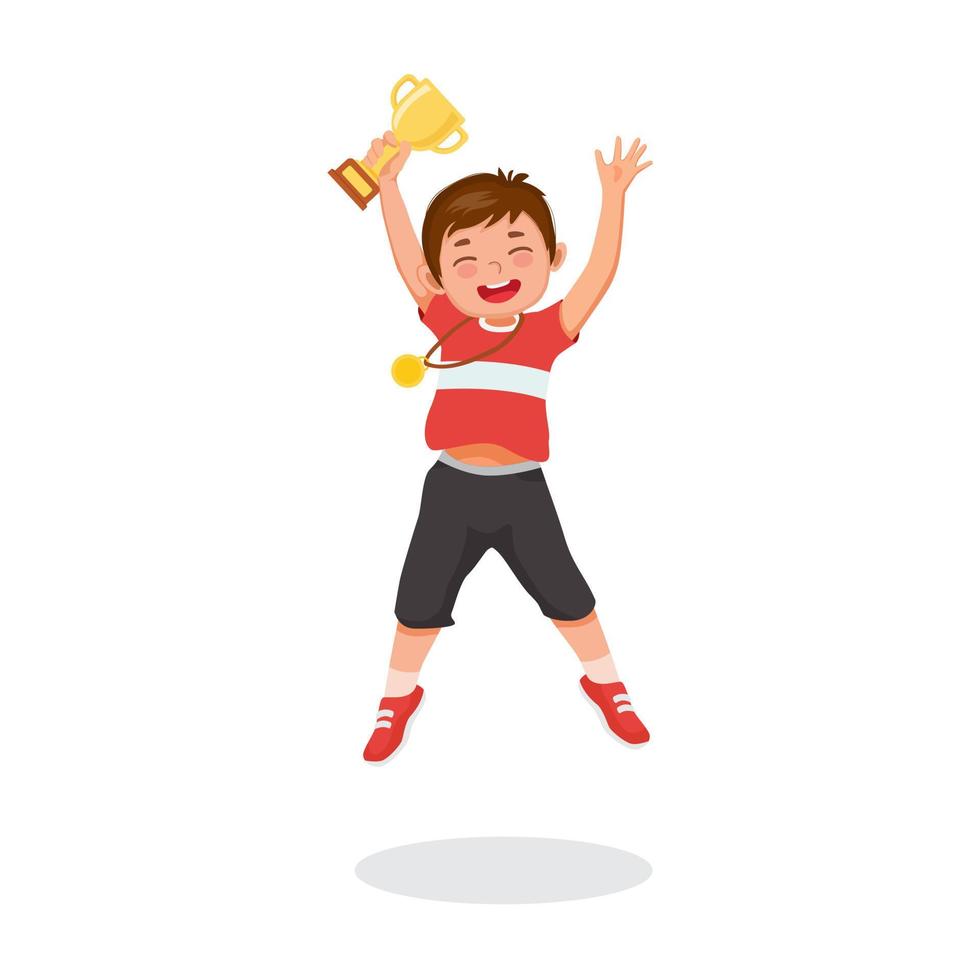 Happy little boy with medal jumping holding a gold cup trophy celebrating winning competition first prize vector