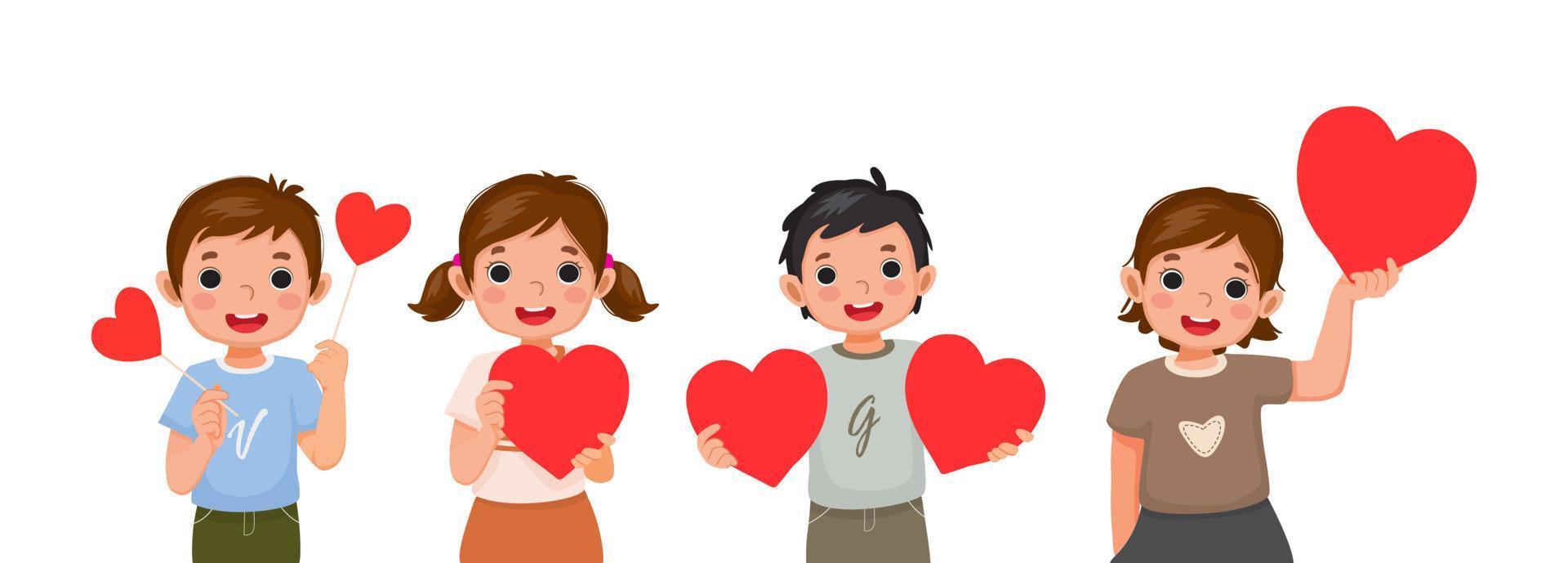 niños pequeños felices sosteniendo un signo de forma de corazón rojo como símbolo de amor para las celebraciones de los días de San Valentín vector