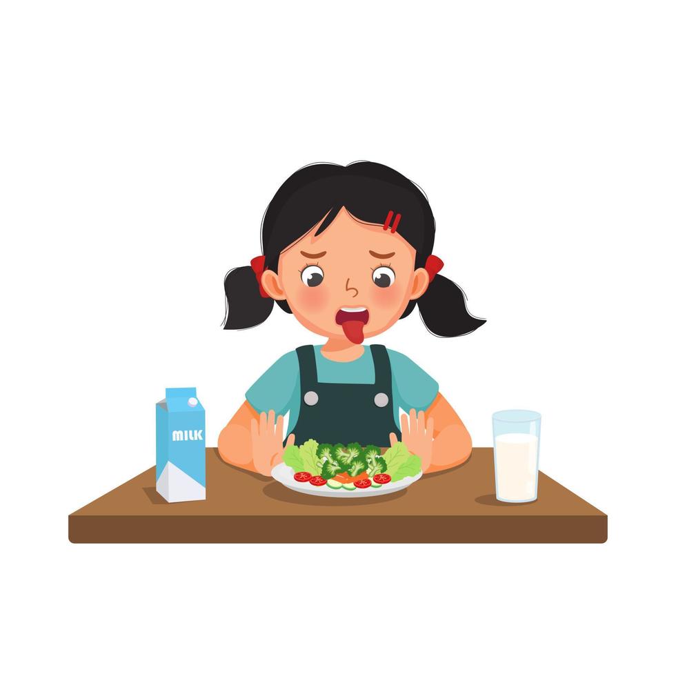 niña que se siente asqueada por comer frutas y verduras empujando el plato y negándose a comer vector