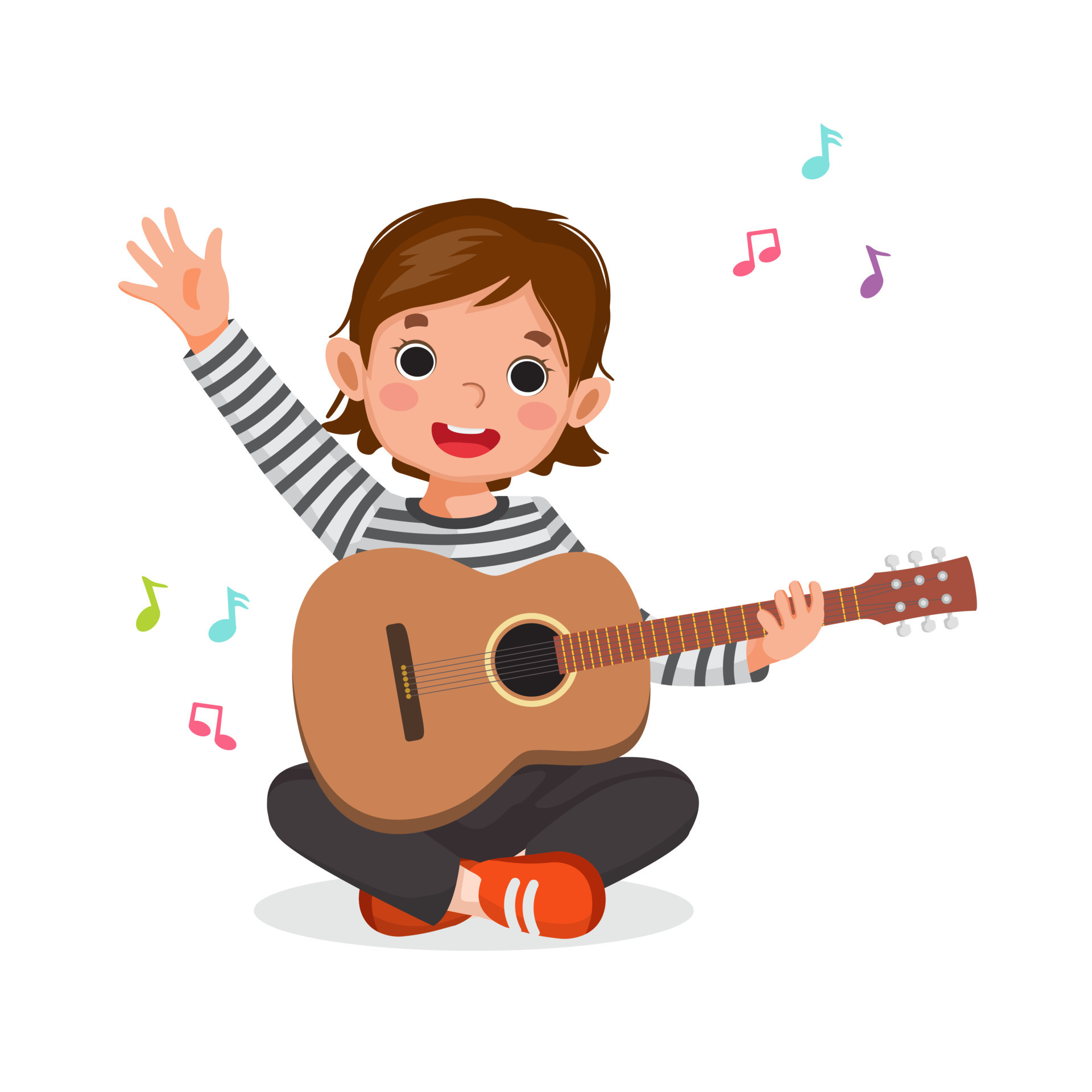 Happy little girl playing guitar sitting on floor waving hand with