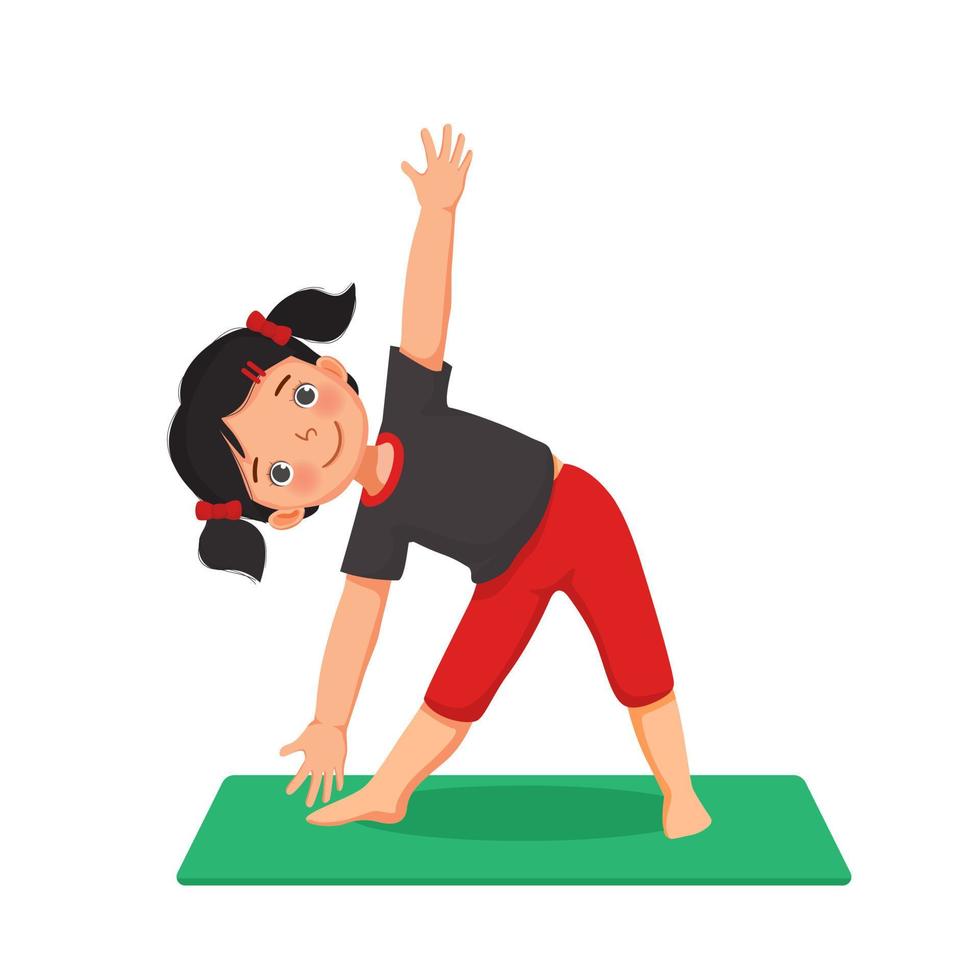 niñita haciendo ejercicios de gimnasia practicando pose de yoga en una alfombra verde interior en casa vector